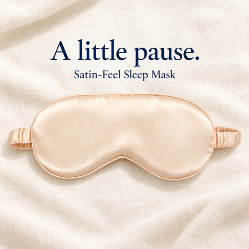 Champagne beige satin-feel sleep mask with elastic headband