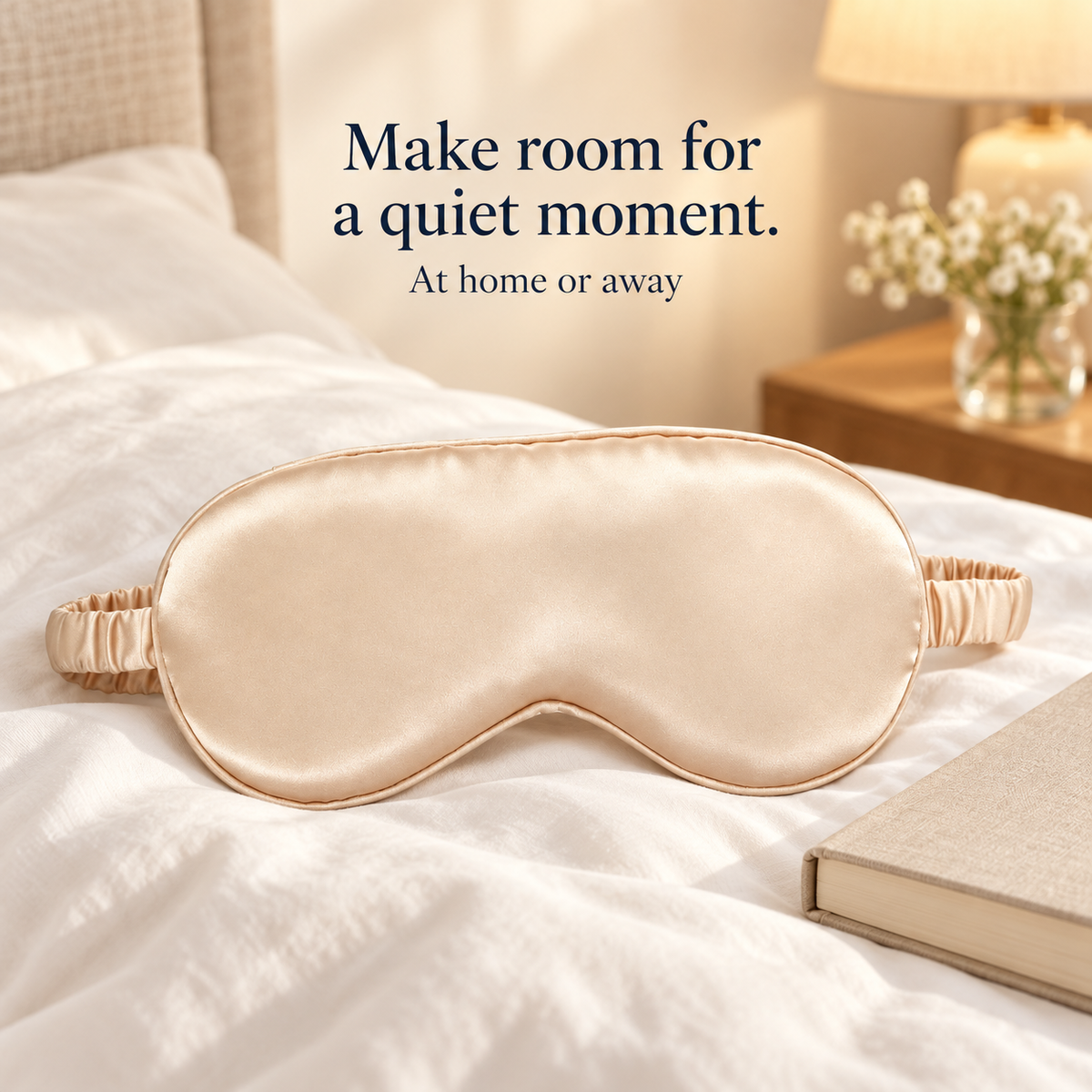 Champagne beige sleep mask in a bedroom setting; accessories not included