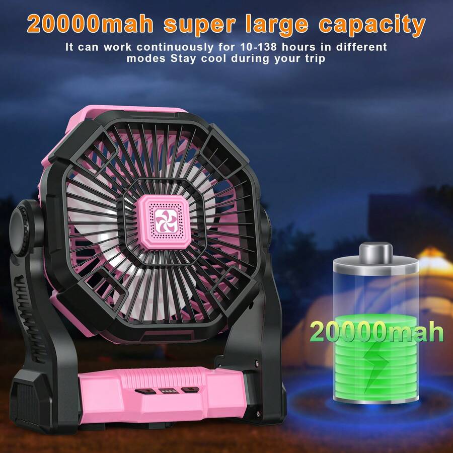 Dorm Essential Cold Air Battery Powered Fan With LED Lantern,Dual Motor Camping Fan, 4-Speed Adjustable Desktop Fan With Hook, Portable Outdoor Fan, Suitable For Tents, Power Outages, And Construction Sites,Camping Portable Fan