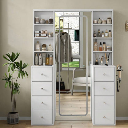 65'' Makeup Vanity With Full Length Mirror & Lights, Vanity Desk With Power Outlet, 8 Drawers, Vanity With 8 Shelves & 3 Color Dimmable LED Lighting