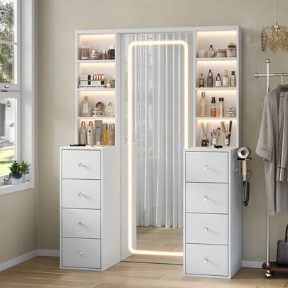 65'' Makeup Vanity With Full Length Mirror & Lights, Vanity Desk With Power Outlet, 8 Drawers, Vanity With 8 Shelves & 3 Color Dimmable LED Lighting