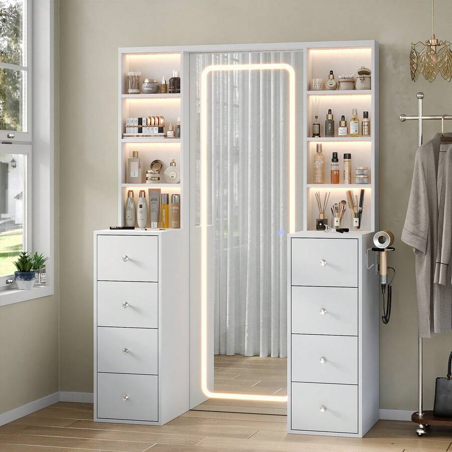65'' Makeup Vanity With Full Length Mirror & Lights, Vanity Desk With Power Outlet, 8 Drawers, Vanity With 8 Shelves & 3 Color Dimmable LED Lighting