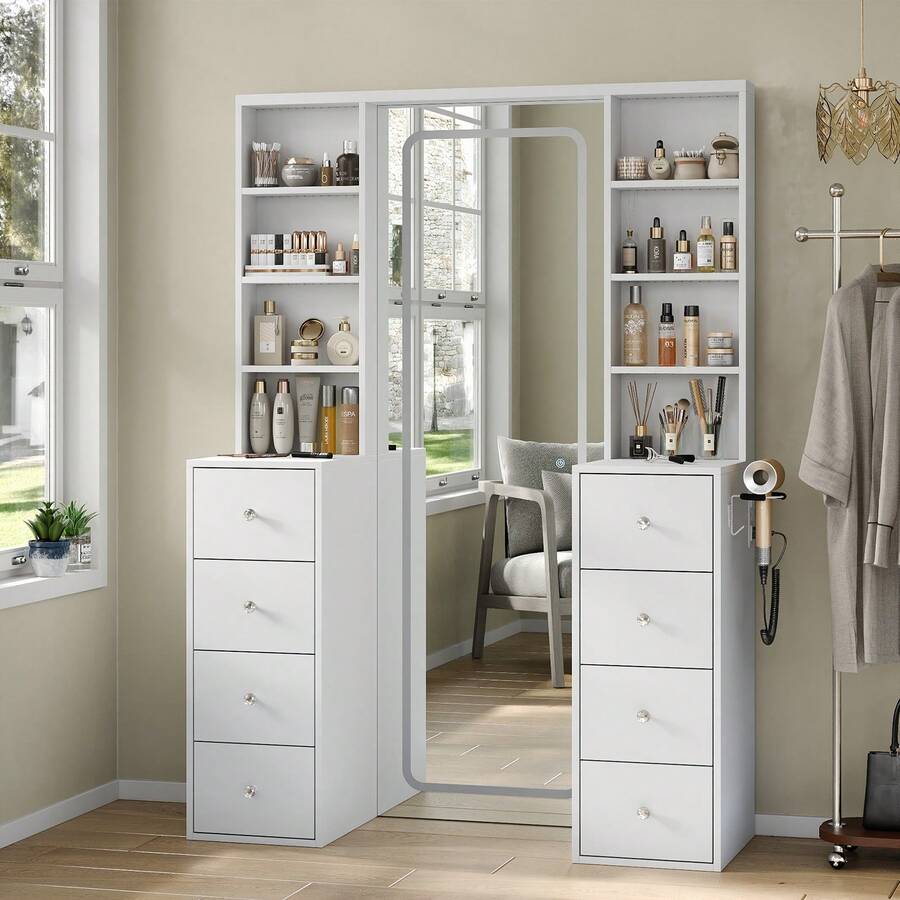 65'' Makeup Vanity With Full Length Mirror & Lights, Vanity Desk With Power Outlet, 8 Drawers, Vanity With 8 Shelves & 3 Color Dimmable LED Lighting