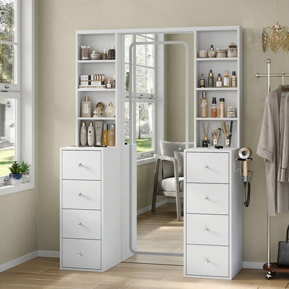 65'' Makeup Vanity With Full Length Mirror & Lights, Vanity Desk With Power Outlet, 8 Drawers, Vanity With 8 Shelves & 3 Color Dimmable LED Lighting