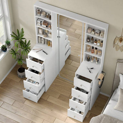 65'' Makeup Vanity With Full Length Mirror & Lights, Vanity Desk With Power Outlet, 8 Drawers, Vanity With 8 Shelves & 3 Color Dimmable LED Lighting