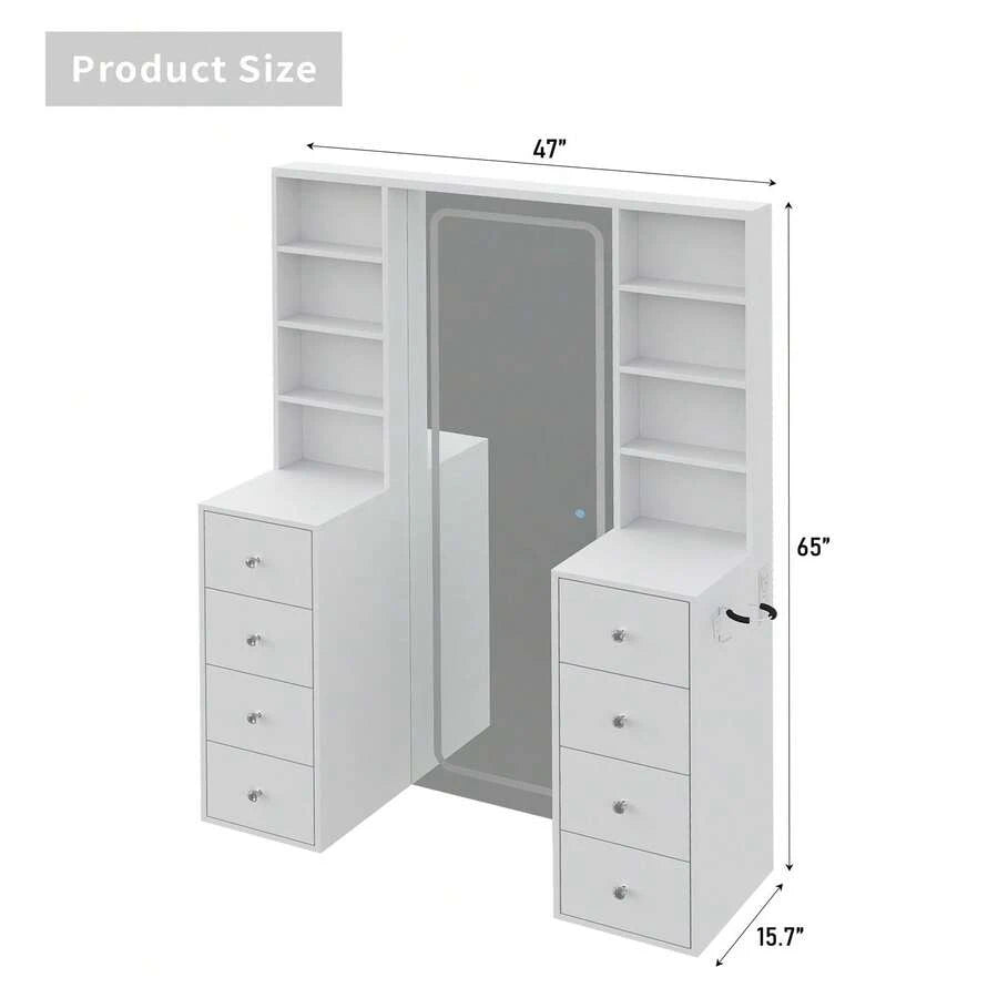 65'' Makeup Vanity With Full Length Mirror & Lights, Vanity Desk With Power Outlet, 8 Drawers, Vanity With 8 Shelves & 3 Color Dimmable LED Lighting