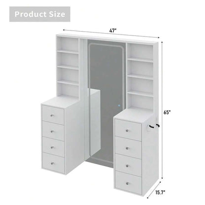 65'' Makeup Vanity With Full Length Mirror & Lights, Vanity Desk With Power Outlet, 8 Drawers, Vanity With 8 Shelves & 3 Color Dimmable LED Lighting