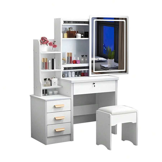 White Vanity with Sliding LED Mirror and Stool