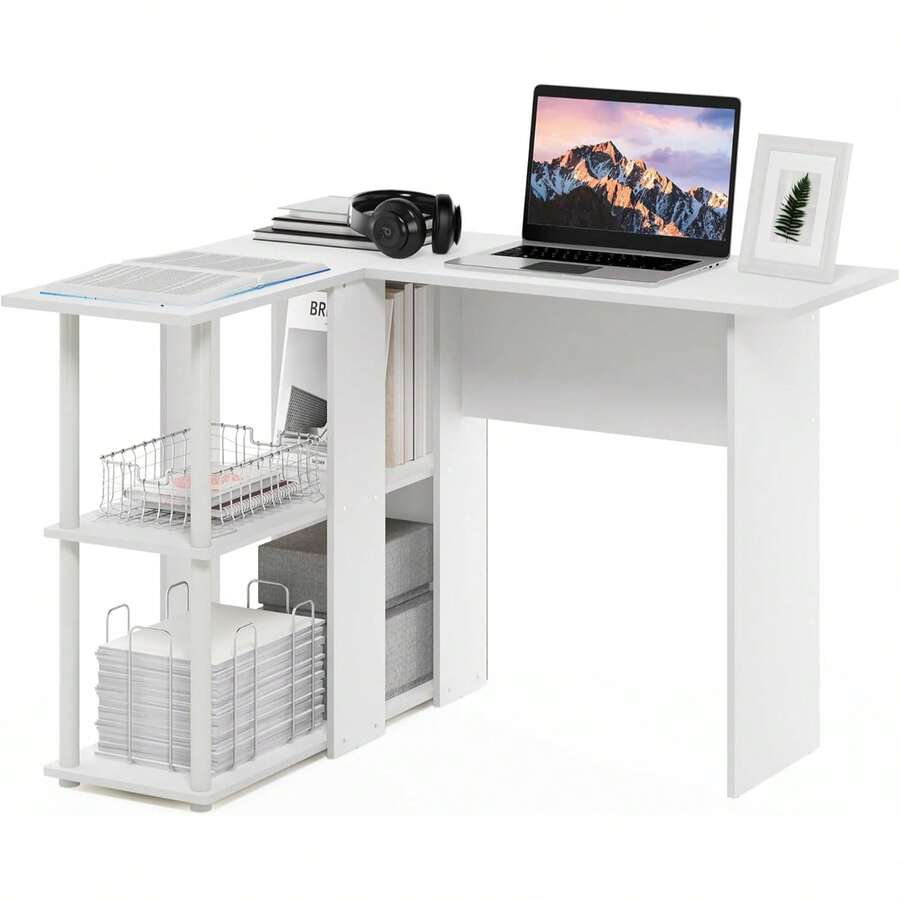 Compact L-Shaped Desk with Open Bookshelves