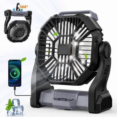 Dorm Essential Cold Air Battery Powered Fan With LED Lantern,Dual Motor Camping Fan, 4-Speed Adjustable Desktop Fan With Hook, Portable Outdoor Fan, Suitable For Tents, Power Outages, And Construction Sites,Camping Portable Fan