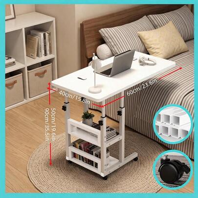 Height-Adjustable Mobile Laptop Desk - Four-Wheel Locking Rolling Study/Workstation Desk With Double-Layer Shelves, Suitable For Bedside/Dormitory/Office Use, Sturdy Steel Frame And Modern Look (Space-Saving Design) Perfect For Back-To-School Season.