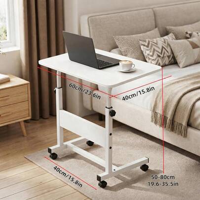 Height-Adjustable Mobile Laptop Desk - Four-Wheel Locking Rolling Study/Workstation Desk With Double-Layer Shelves, Suitable For Bedside/Dormitory/Office Use, Sturdy Steel Frame And Modern Look (Space-Saving Design) Perfect For Back-To-School Season.