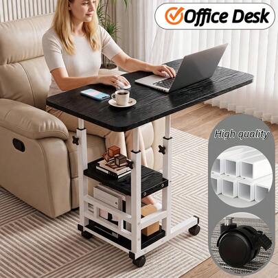 Height-Adjustable Mobile Laptop Desk - Four-Wheel Locking Rolling Study/Workstation Desk With Double-Layer Shelves, Suitable For Bedside/Dormitory/Office Use, Sturdy Steel Frame And Modern Look (Space-Saving Design) Perfect For Back-To-School Season.