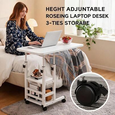 Height-Adjustable Mobile Laptop Desk - Four-Wheel Locking Rolling Study/Workstation Desk With Double-Layer Shelves, Suitable For Bedside/Dormitory/Office Use, Sturdy Steel Frame And Modern Look (Space-Saving Design) Perfect For Back-To-School Season.