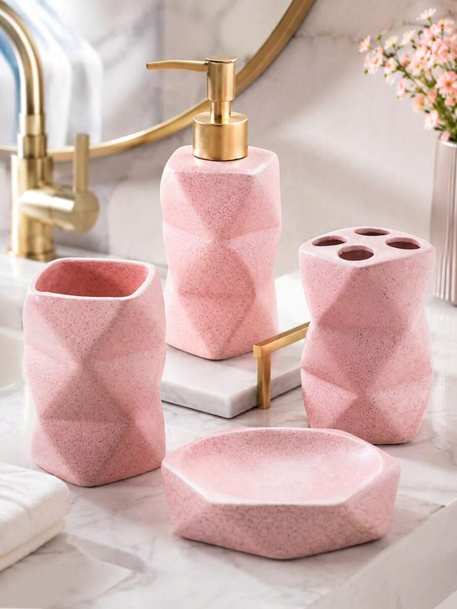 1 Set Pink Resin Bathroom Accessories Set, Spotted Geometric Vanity Set, Includes Gold Soap Dispenser, Toothbrush Holder, Tumbler And Soap Dish, Modern Countertop Decor, Suitable For Bathroom, Apartment And Housewarming Gift