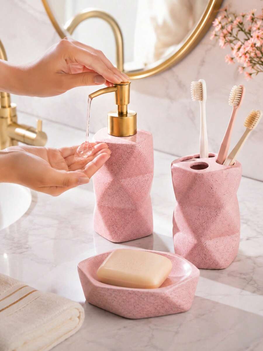 1 Set Pink Resin Bathroom Accessories Set, Spotted Geometric Vanity Set, Includes Gold Soap Dispenser, Toothbrush Holder, Tumbler And Soap Dish, Modern Countertop Decor, Suitable For Bathroom, Apartment And Housewarming Gift
