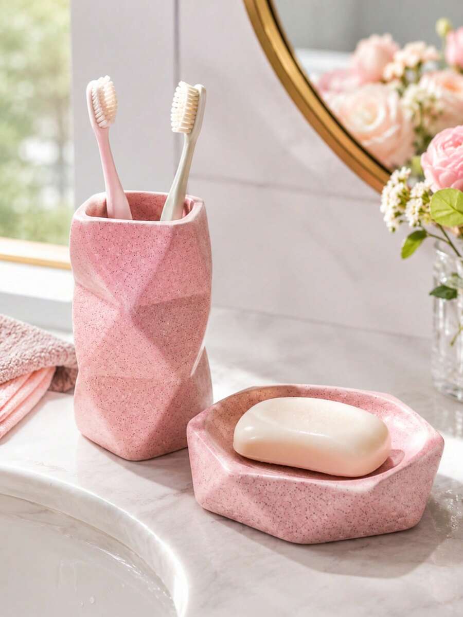 1 Set Pink Resin Bathroom Accessories Set, Spotted Geometric Vanity Set, Includes Gold Soap Dispenser, Toothbrush Holder, Tumbler And Soap Dish, Modern Countertop Decor, Suitable For Bathroom, Apartment And Housewarming Gift