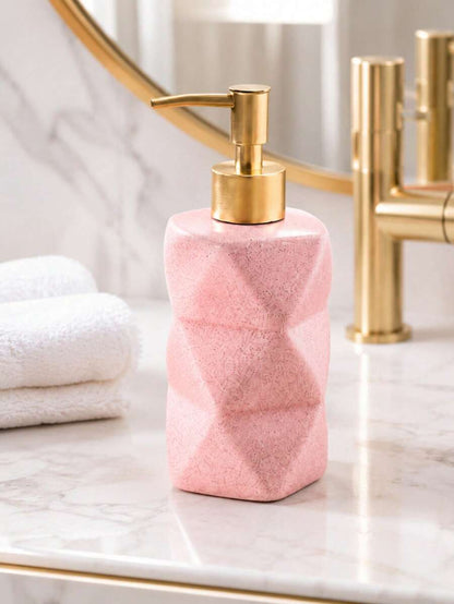 1 Set Pink Resin Bathroom Accessories Set, Spotted Geometric Vanity Set, Includes Gold Soap Dispenser, Toothbrush Holder, Tumbler And Soap Dish, Modern Countertop Decor, Suitable For Bathroom, Apartment And Housewarming Gift