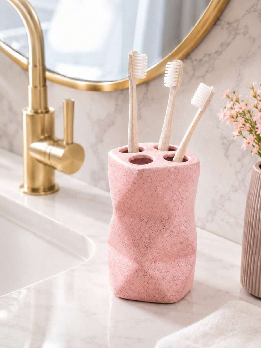 1 Set Pink Resin Bathroom Accessories Set, Spotted Geometric Vanity Set, Includes Gold Soap Dispenser, Toothbrush Holder, Tumbler And Soap Dish, Modern Countertop Decor, Suitable For Bathroom, Apartment And Housewarming Gift