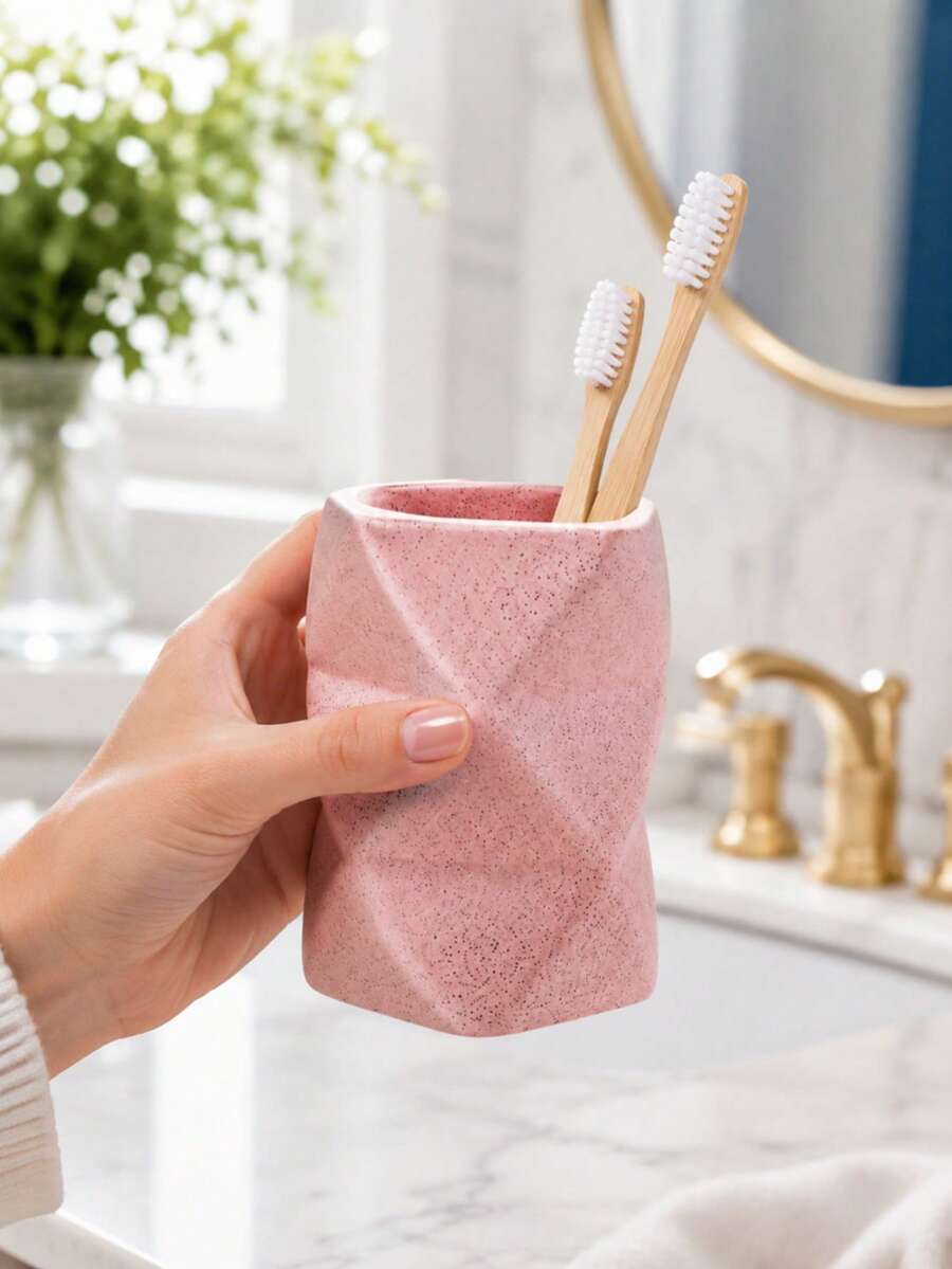 1 Set Pink Resin Bathroom Accessories Set, Spotted Geometric Vanity Set, Includes Gold Soap Dispenser, Toothbrush Holder, Tumbler And Soap Dish, Modern Countertop Decor, Suitable For Bathroom, Apartment And Housewarming Gift