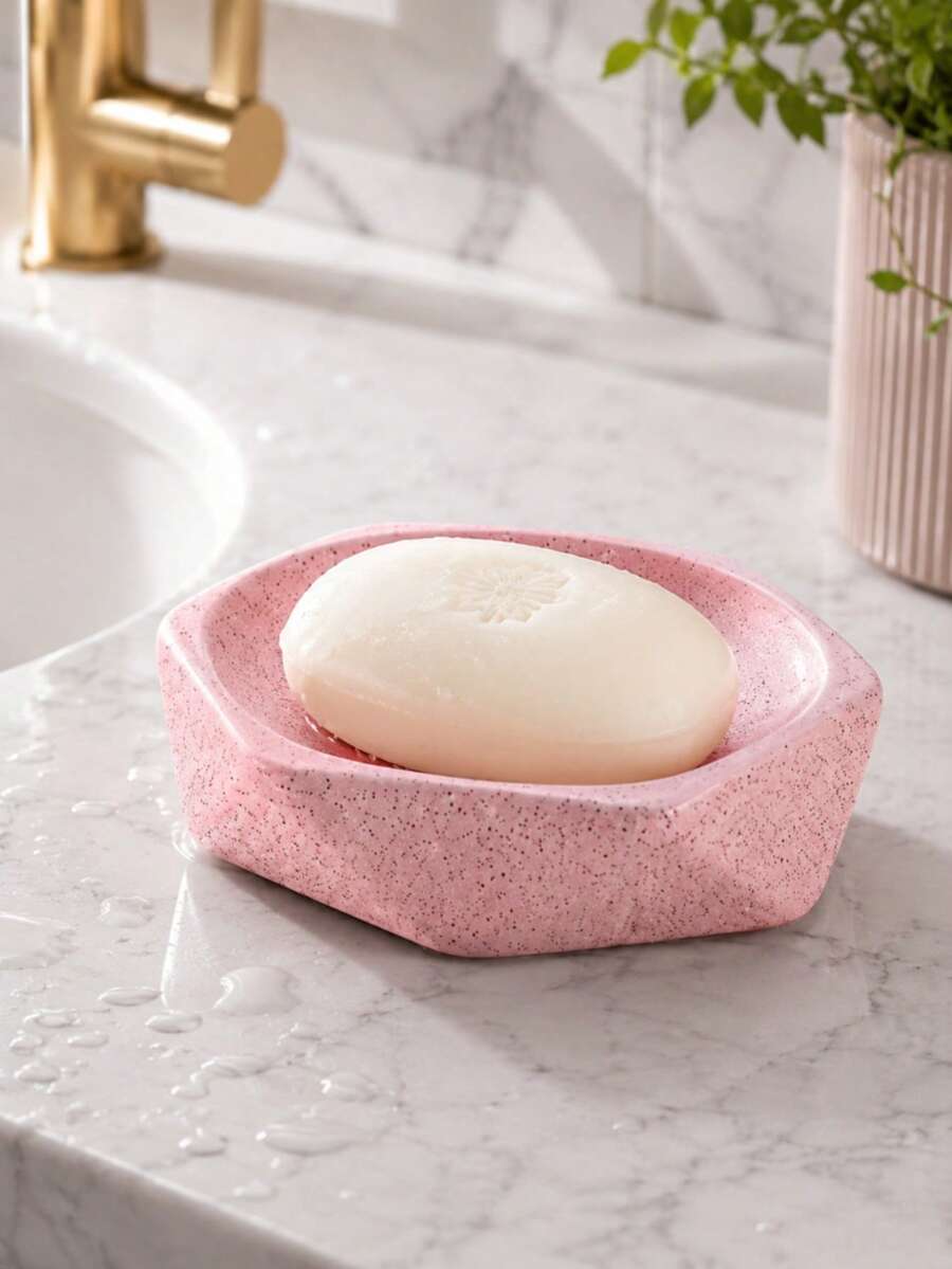 1 Set Pink Resin Bathroom Accessories Set, Spotted Geometric Vanity Set, Includes Gold Soap Dispenser, Toothbrush Holder, Tumbler And Soap Dish, Modern Countertop Decor, Suitable For Bathroom, Apartment And Housewarming Gift