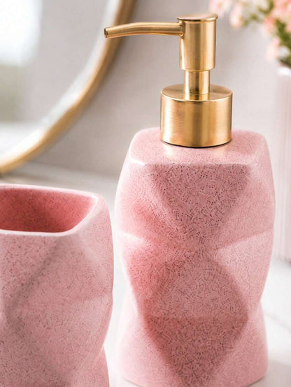 1 Set Pink Resin Bathroom Accessories Set, Spotted Geometric Vanity Set, Includes Gold Soap Dispenser, Toothbrush Holder, Tumbler And Soap Dish, Modern Countertop Decor, Suitable For Bathroom, Apartment And Housewarming Gift