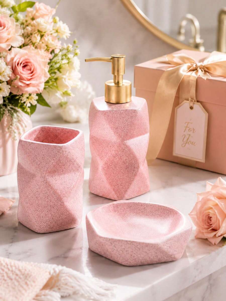 1 Set Pink Resin Bathroom Accessories Set, Spotted Geometric Vanity Set, Includes Gold Soap Dispenser, Toothbrush Holder, Tumbler And Soap Dish, Modern Countertop Decor, Suitable For Bathroom, Apartment And Housewarming Gift